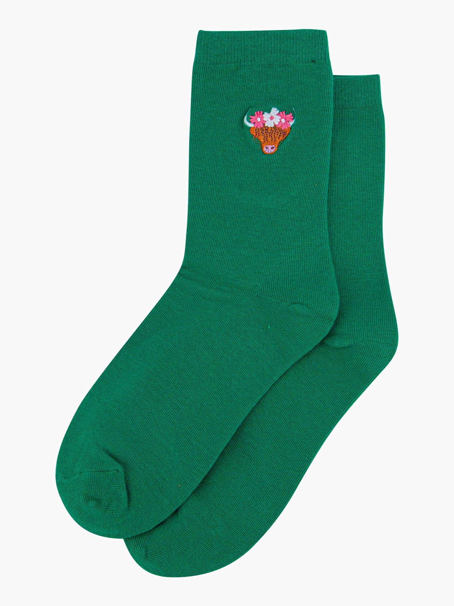 womens-embroidered-socks-green-highland-cow-laying-flat-small-highland-coo-embroidery-design-on-the-ankle