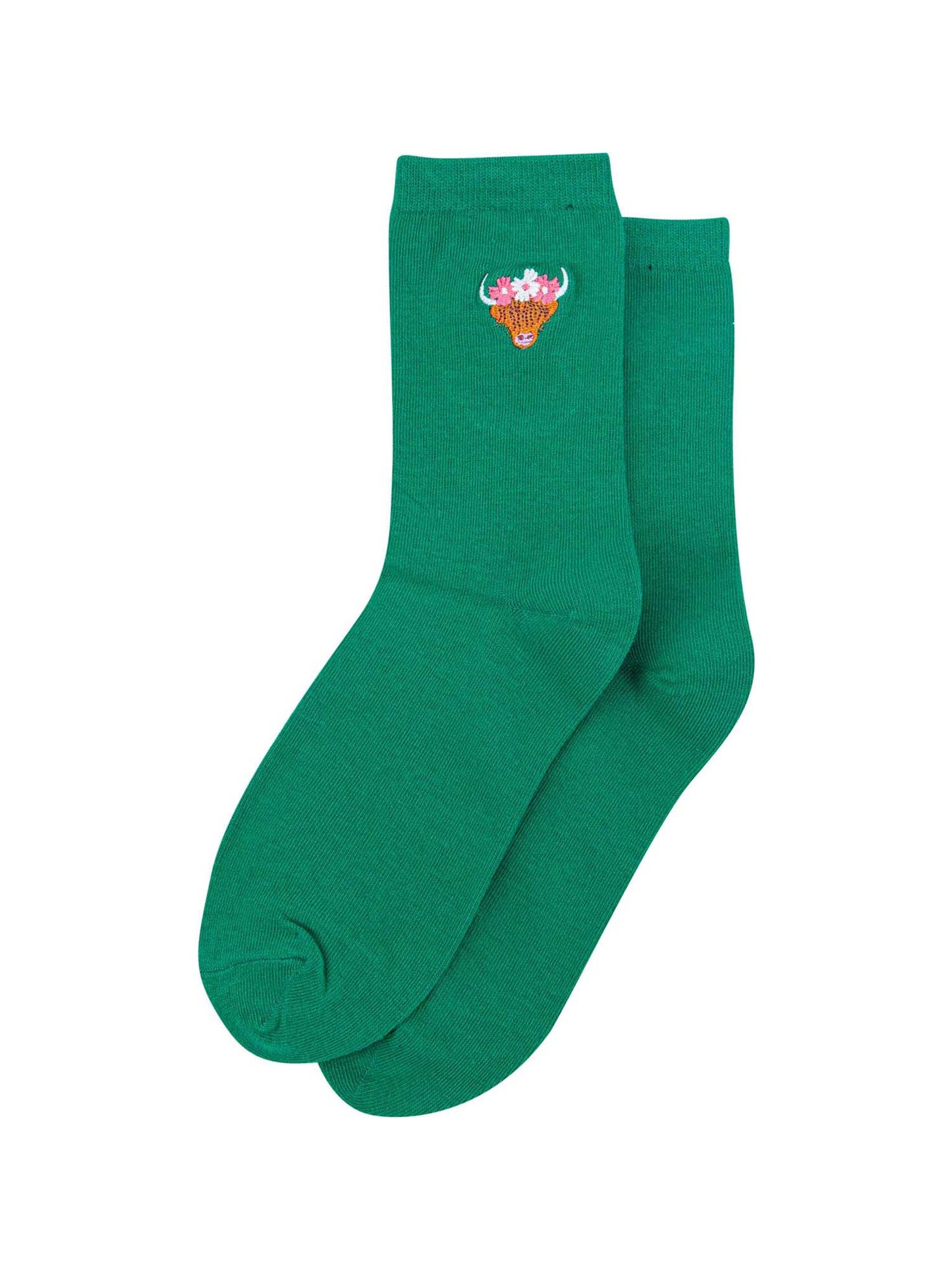 womens-embroidered-socks-green-highland-cow-laying-flat-small-highland-coo-embroidery-design-on-the-ankle