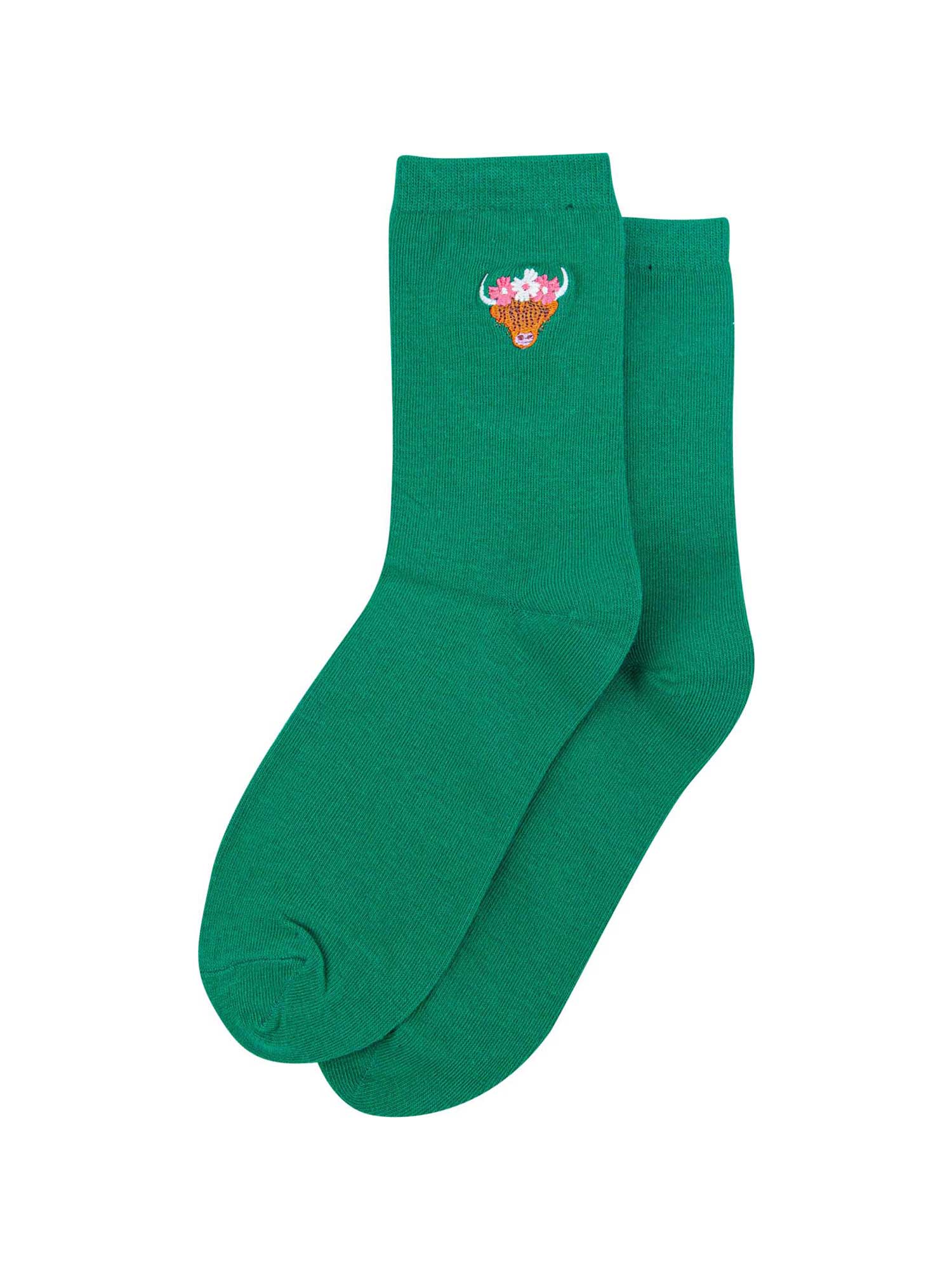 womens-embroidered-socks-green-highland-cow-laying-flat-small-highland-coo-embroidery-design-on-the-ankle