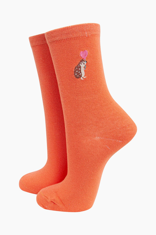 Women's Embroidered Socks - Orange, Hedgehog Heart Balloon