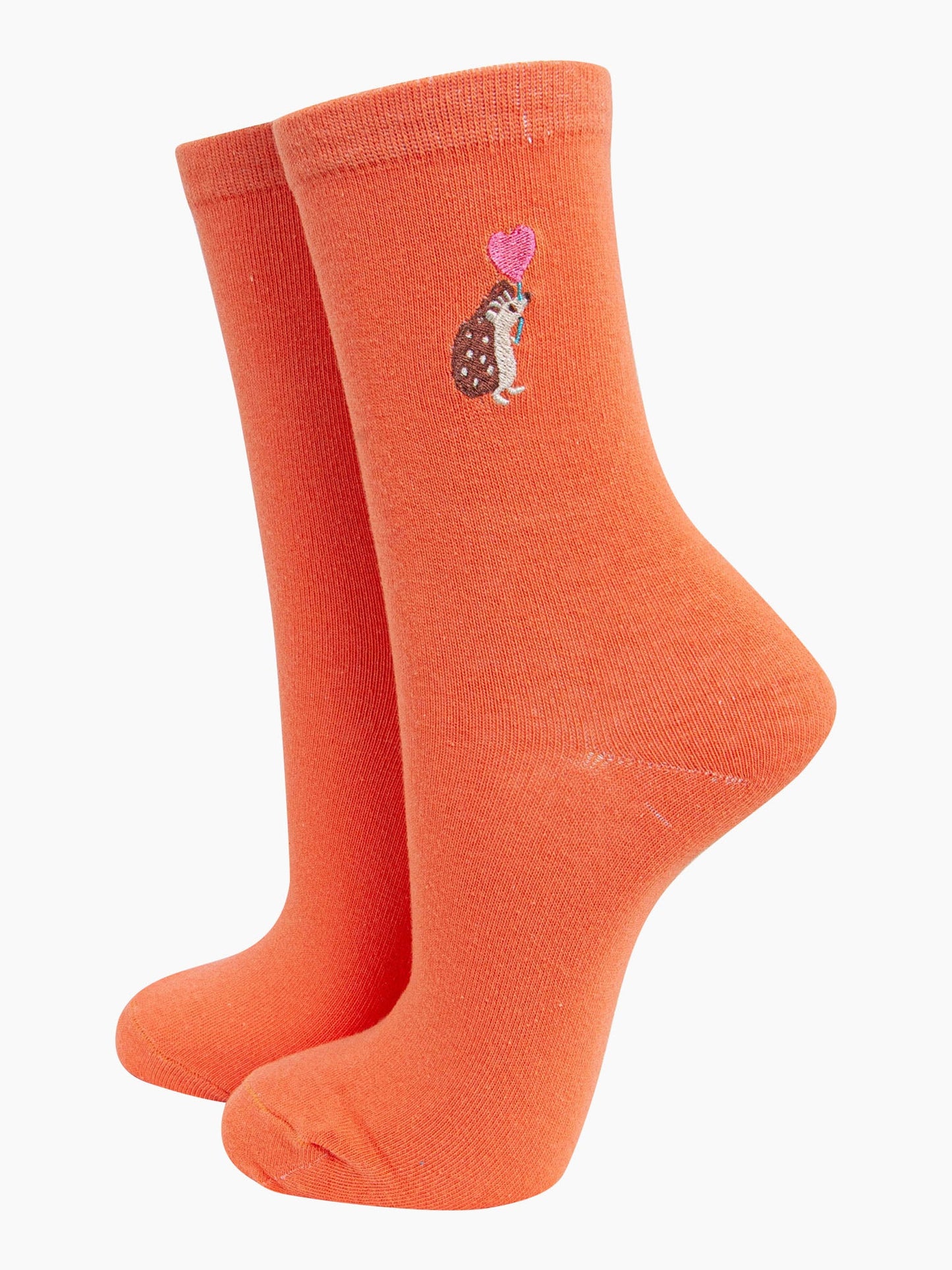 Women's Embroidered Socks - Orange, Hedgehog Heart Balloon