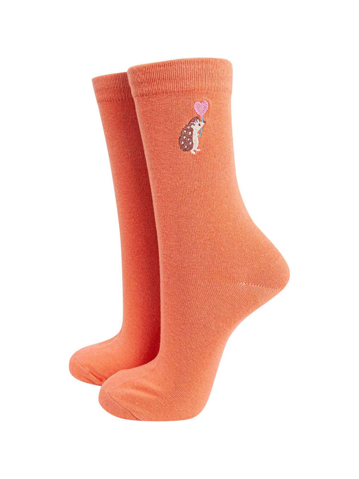 Embroidered Hedgehog Heart Balloon Cotton Socks in Orange
