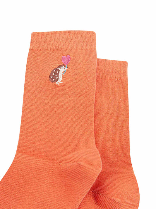 Embroidered Hedgehog Heart Balloon Cotton Socks in Orange