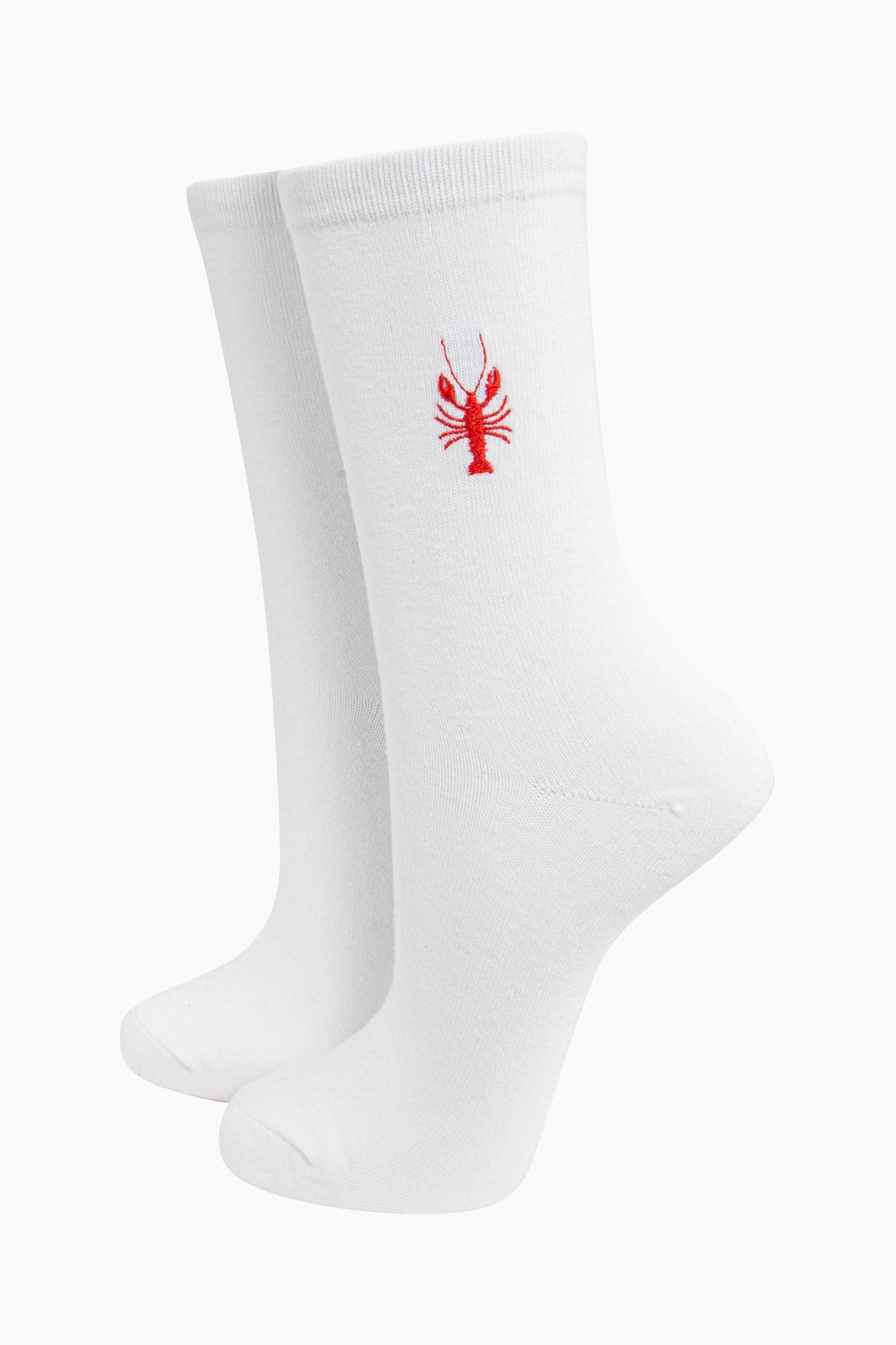 womens-embroidered-socks-cream-lobster-stitched-red-lobster-on-the-ankle