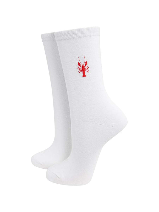 womens-embroidered-socks-cream-lobster-stitched-red-lobster-on-the-ankle