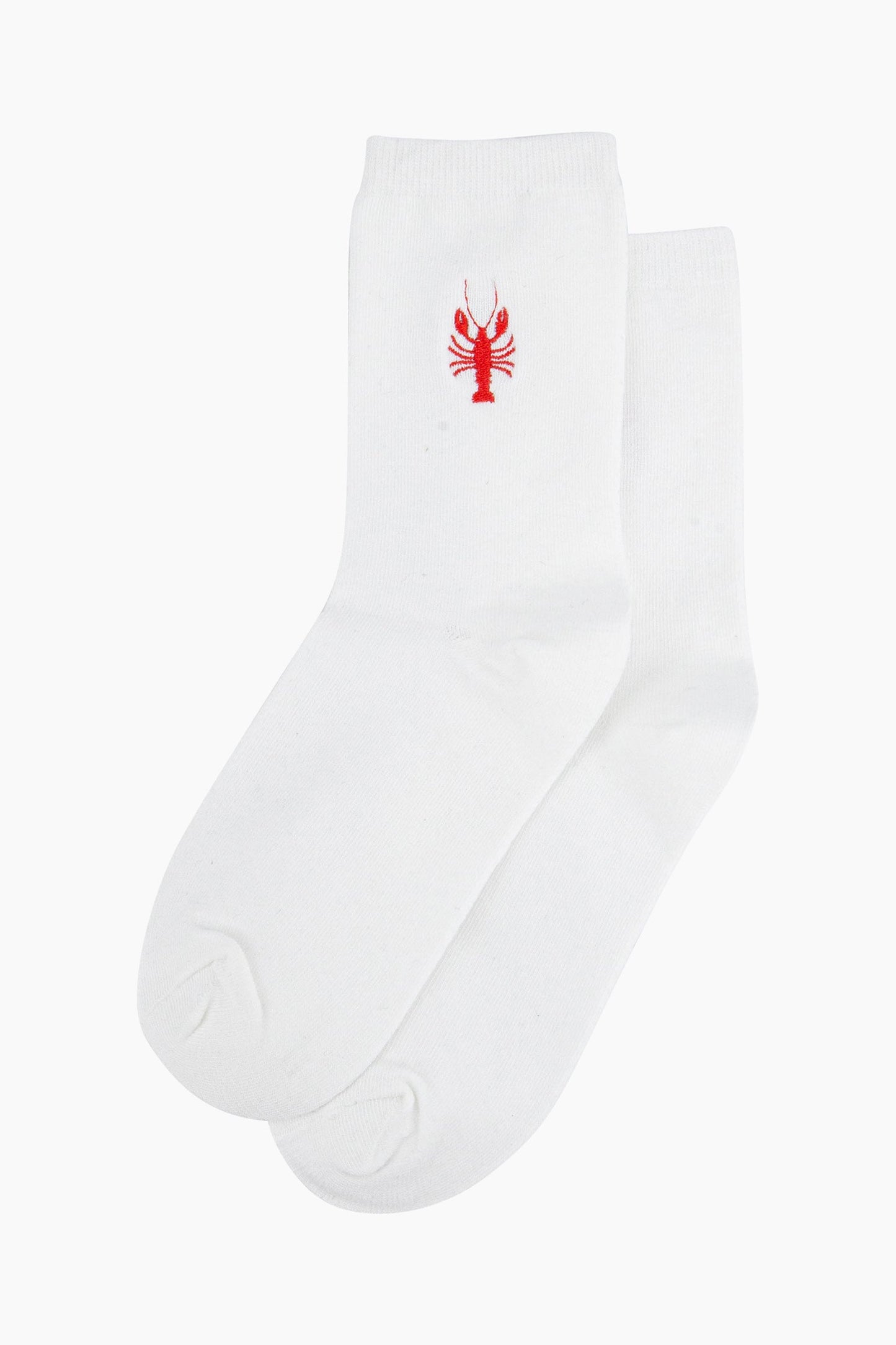 womens-embroidered-socks-cream-lobster-laying-flat-small-red-lobster-embroidery-design-on-the-ankle