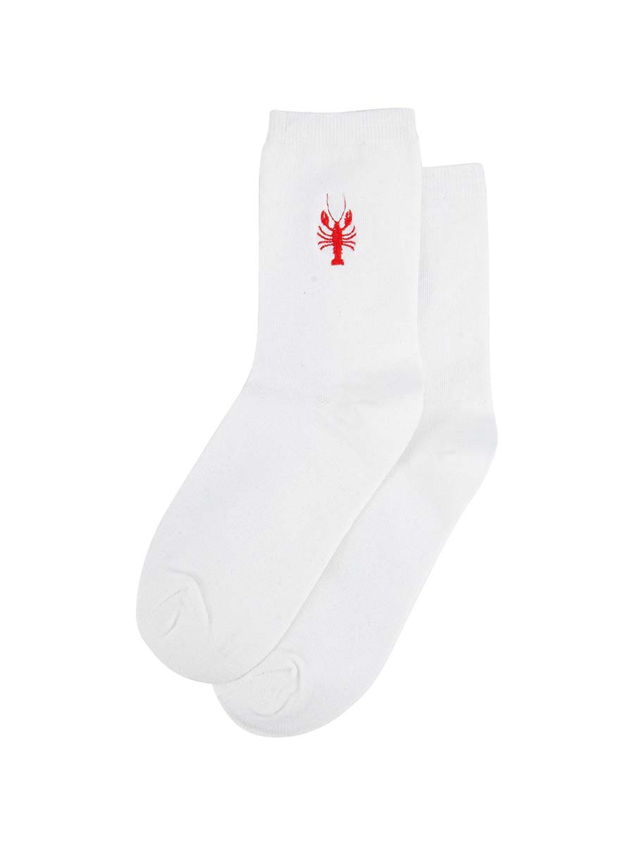 womens-embroidered-socks-cream-lobster-laying-flat-small-red-lobster-embroidery-design-on-the-ankle
