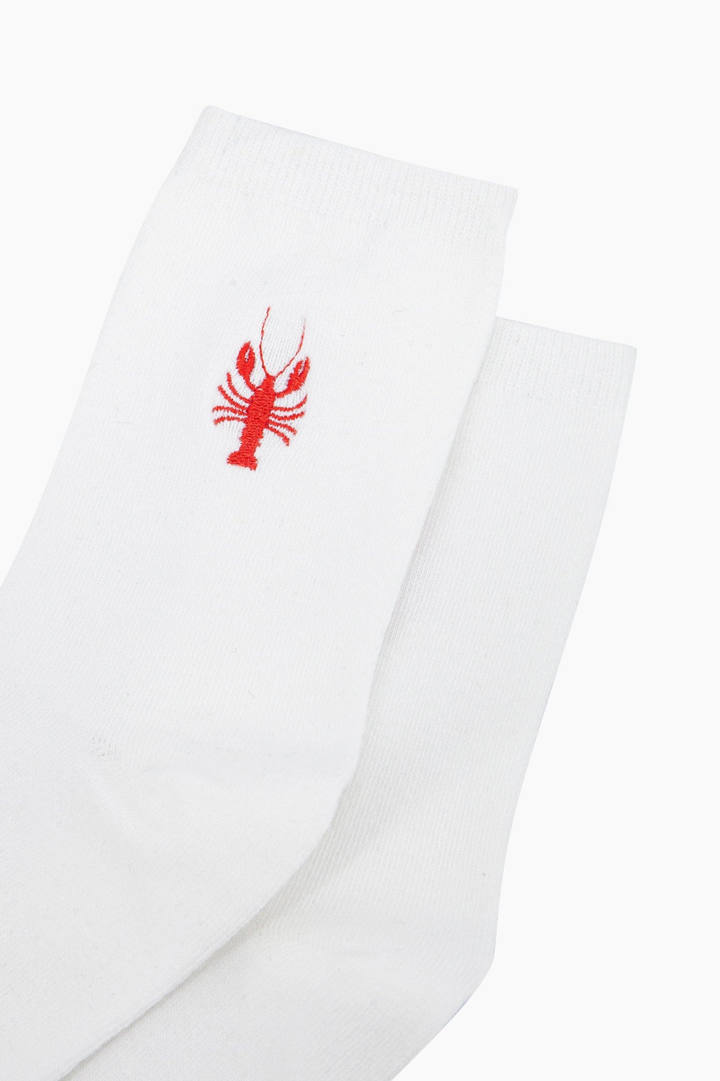 womens-embroidered-socks-cream-lobster-close-up-red-lobster-with-pincers-stitched-embroidery