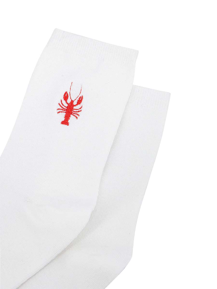 womens-embroidered-socks-cream-lobster-close-up-red-lobster-with-pincers-stitched-embroidery