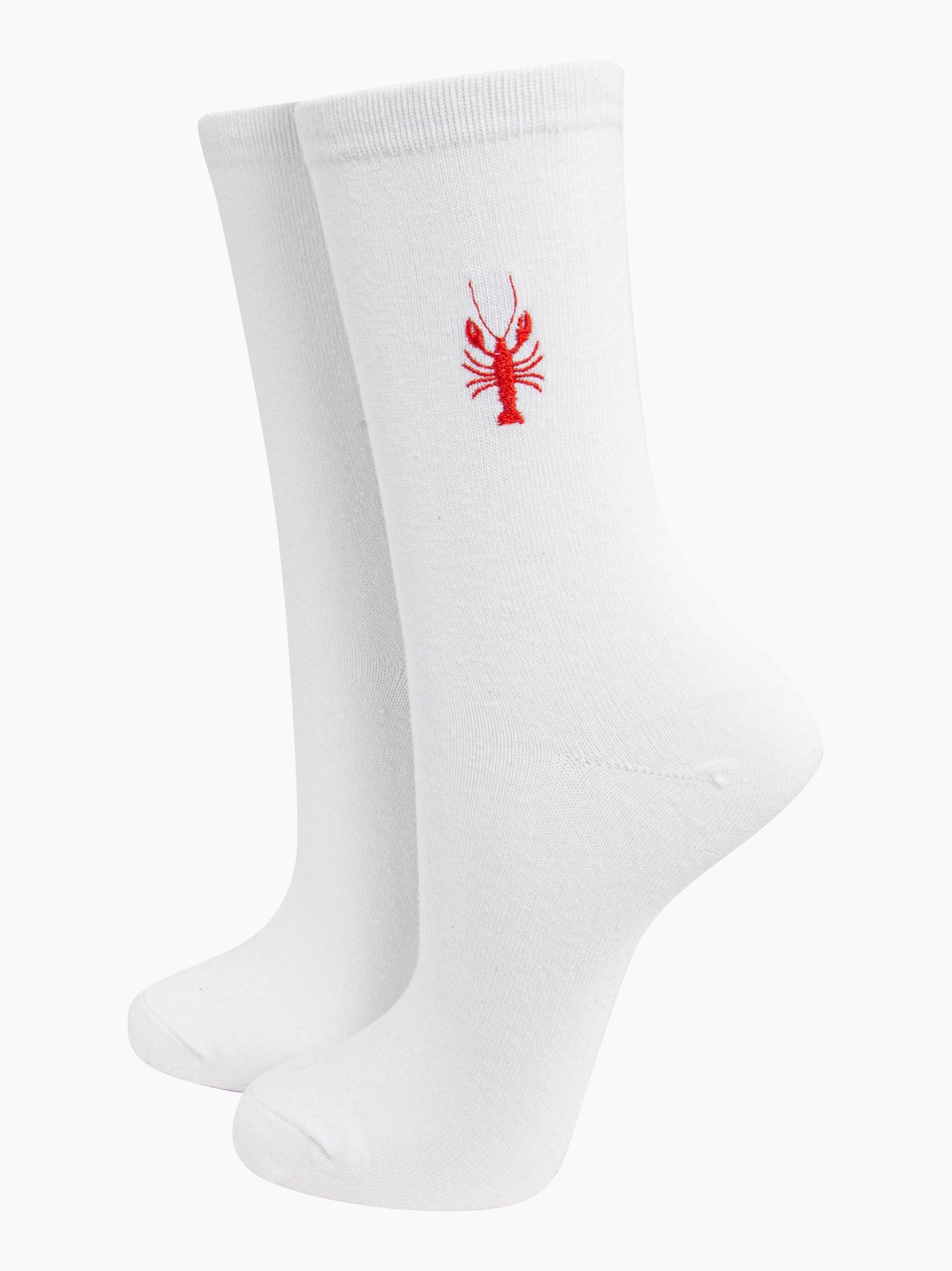 womens-embroidered-socks-cream-lobster-stitched-red-lobster-on-the-ankle