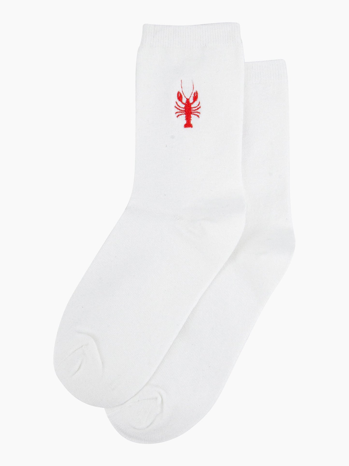 womens-embroidered-socks-cream-lobster-laying-flat-small-red-lobster-embroidery-design-on-the-ankle