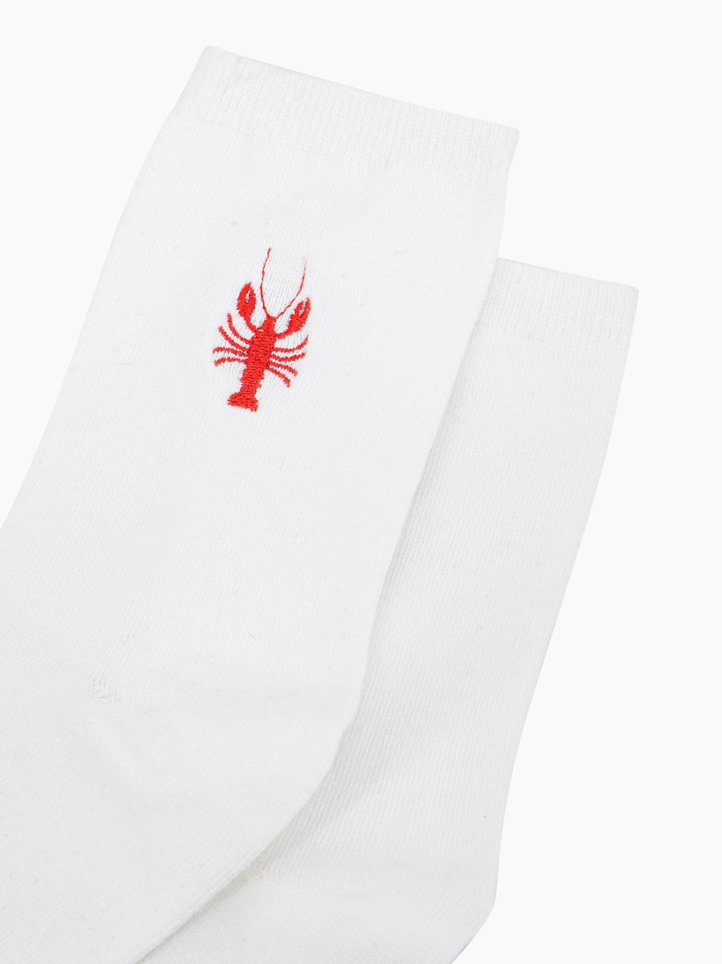 womens-embroidered-socks-cream-lobster-close-up-red-lobster-with-pincers-stitched-embroidery