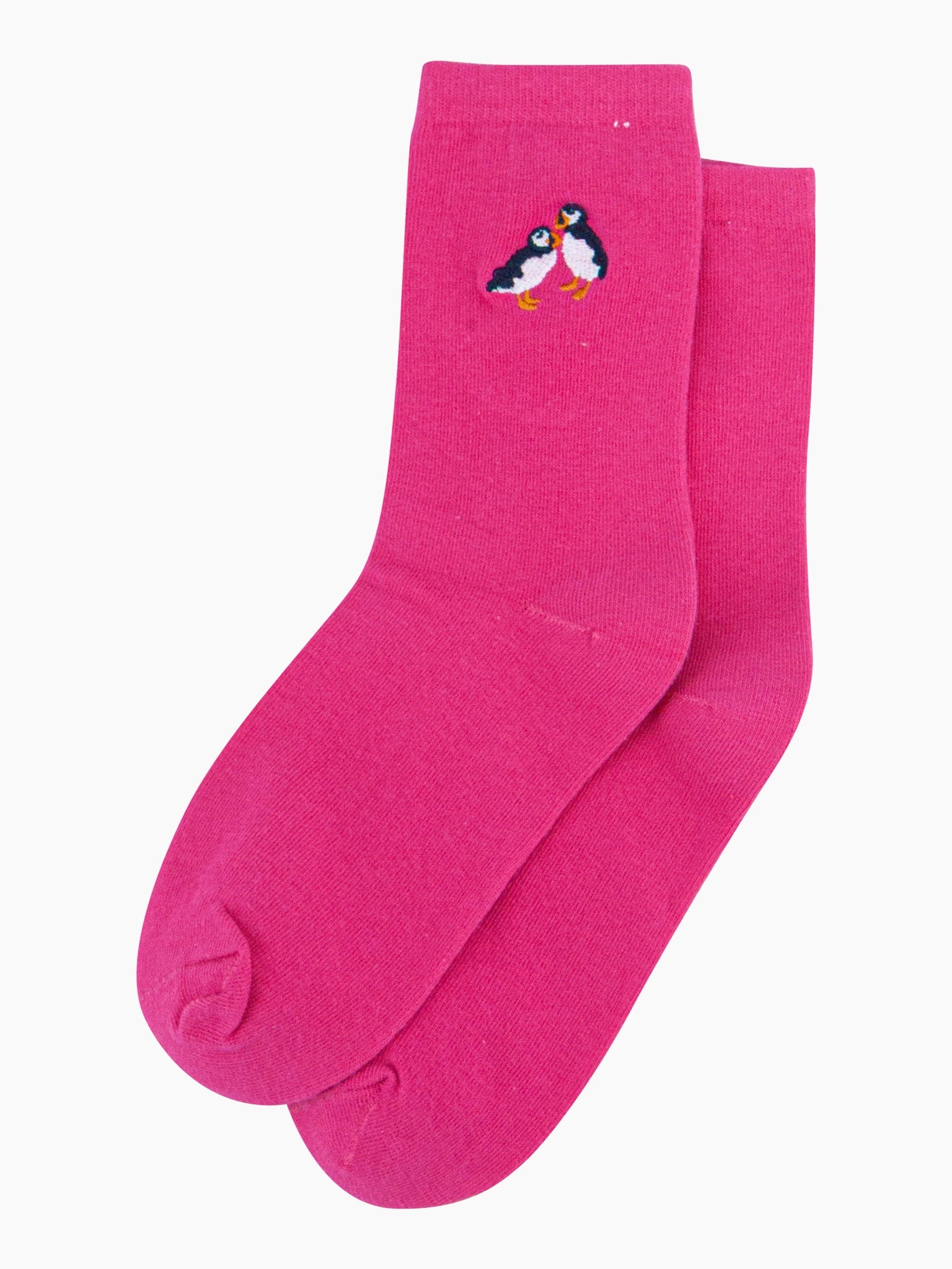 womens-embroidered-socks-fuchsia-puffins-laying-flat-stitched-puffin-birds