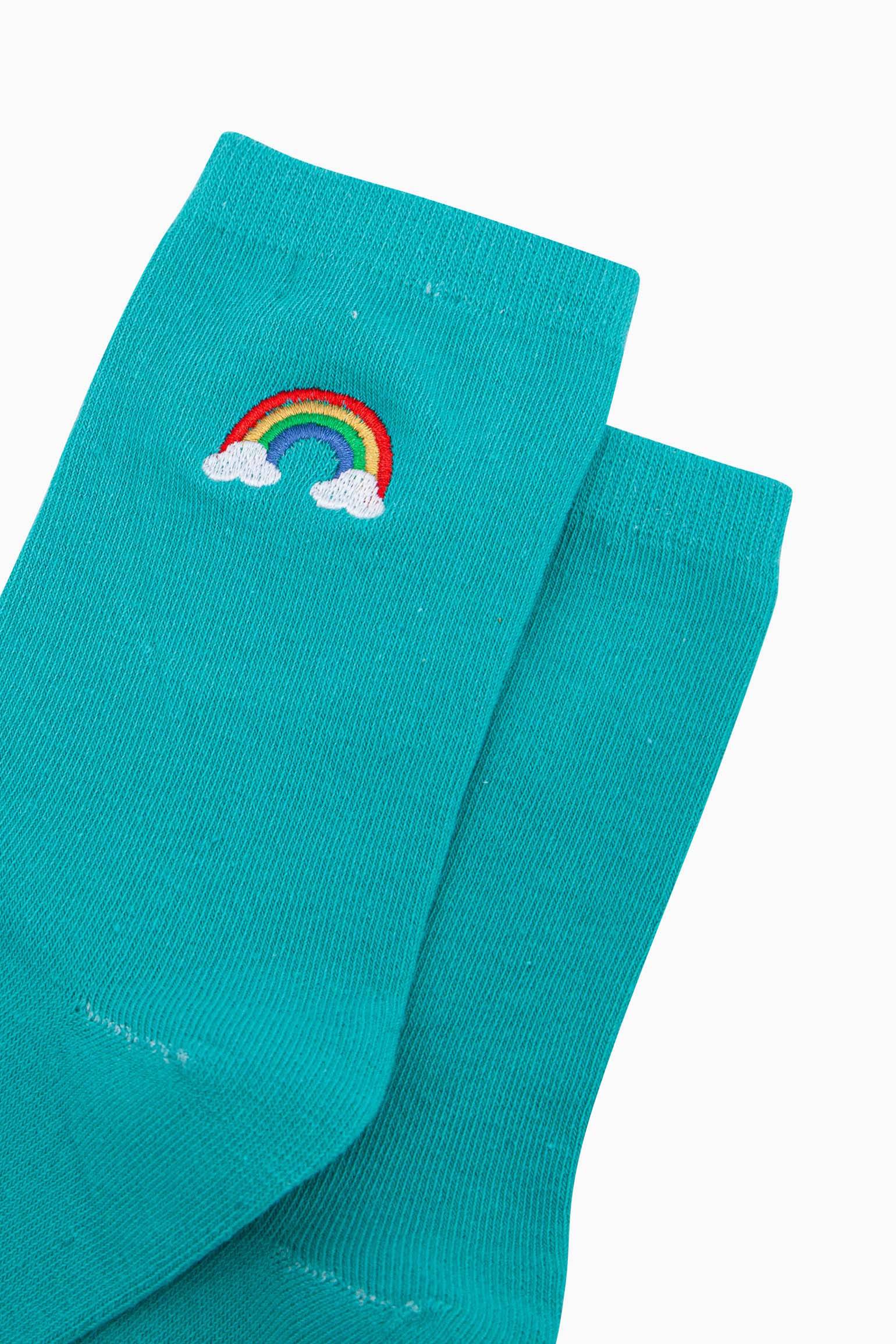 womens-embroidered-socks-turquoise-rainbow-close-up-multicoloured-striped-rainbow-white-clouds-stitched-design