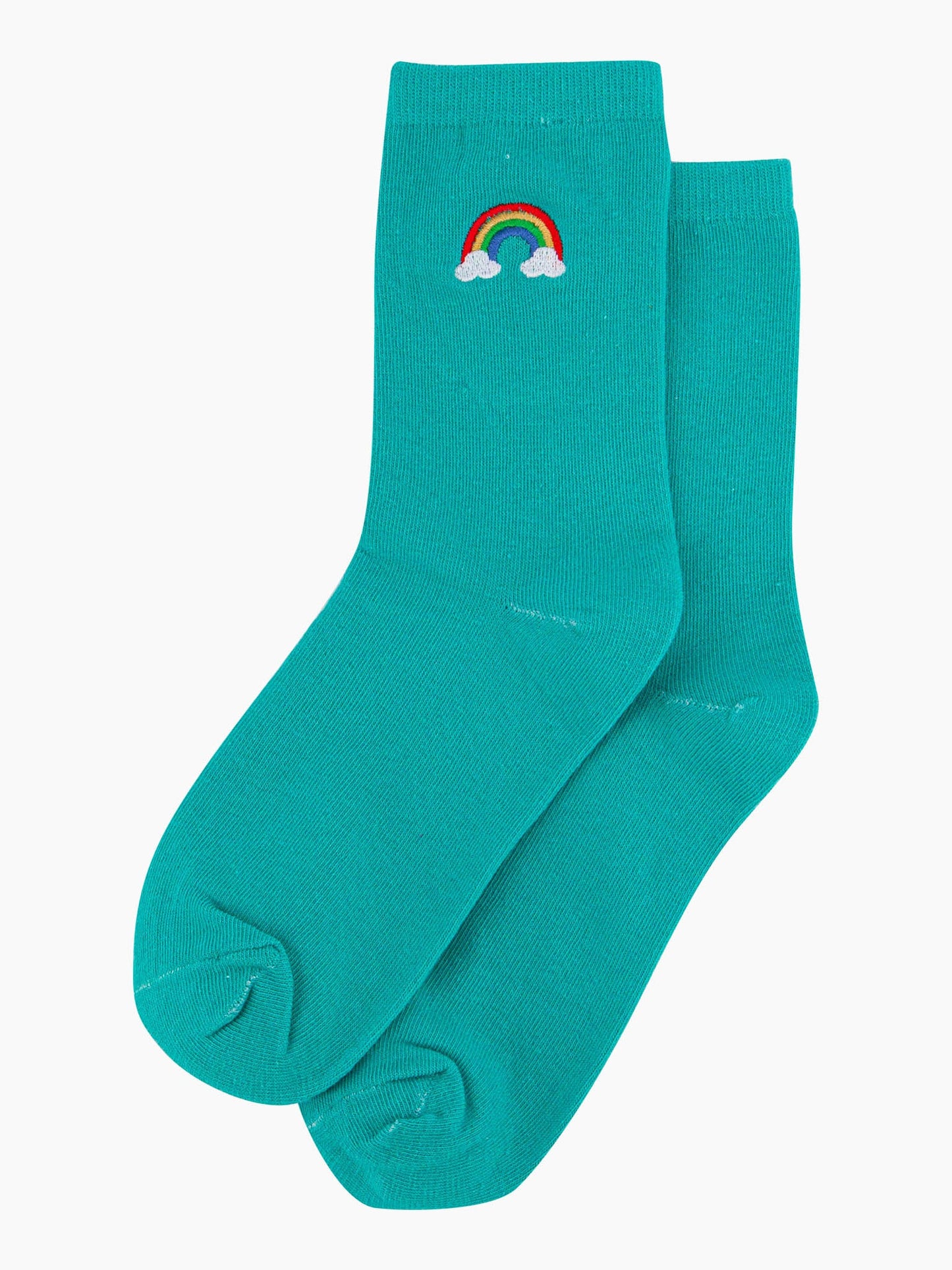 womens-embroidered-socks-turquoise-rainbow-laying-flat