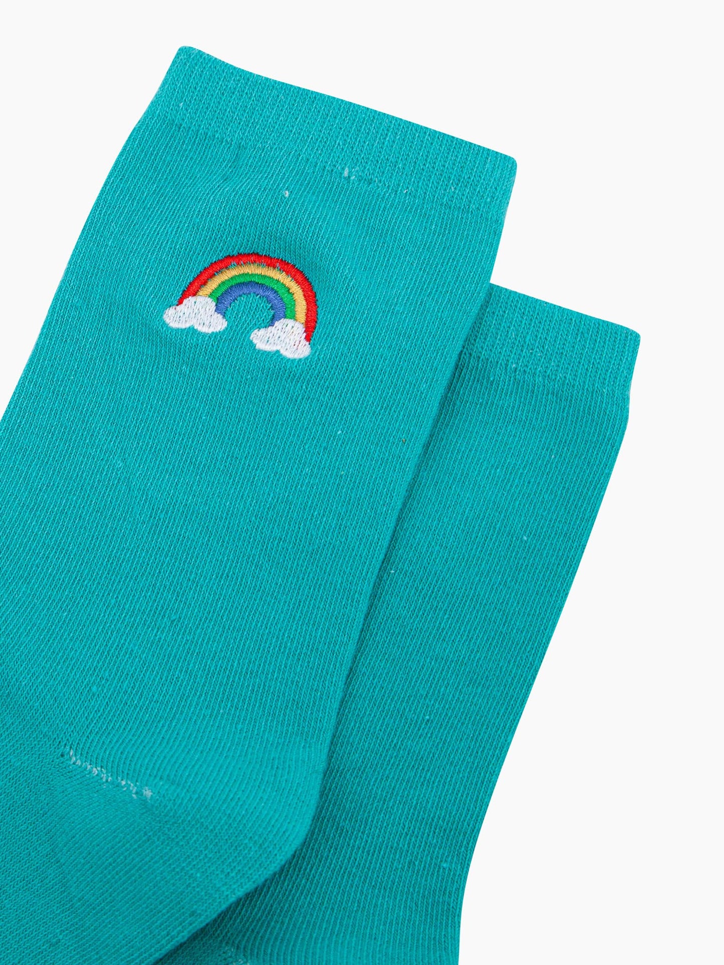 womens-embroidered-socks-turquoise-rainbow-close-up-multicoloured-striped-rainbow-white-clouds-stitched-design