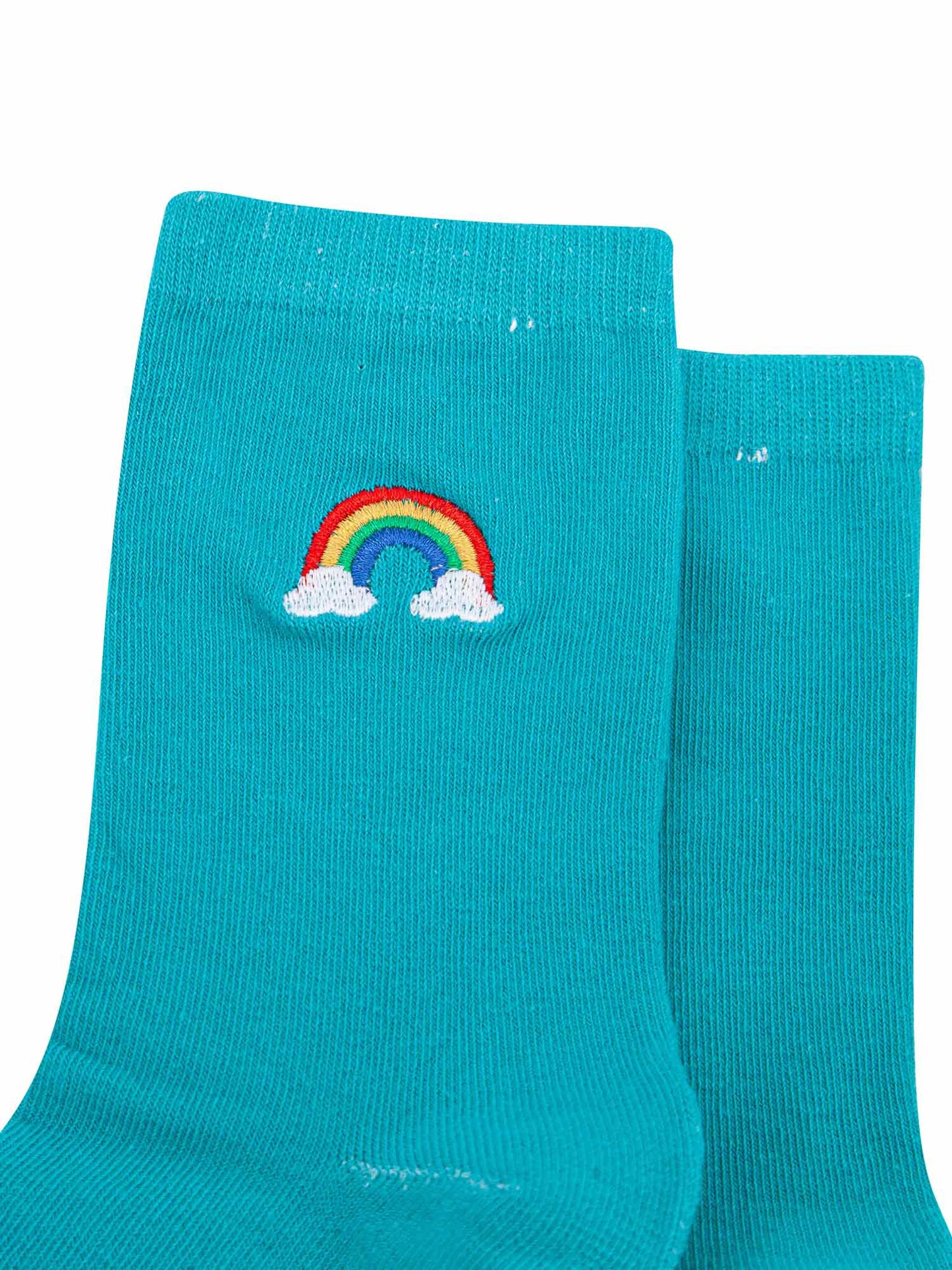 womens-embroidered-socks-turquoise-rainbow-close-up-multicoloured-striped-rainbow-white-clouds-stitched-design