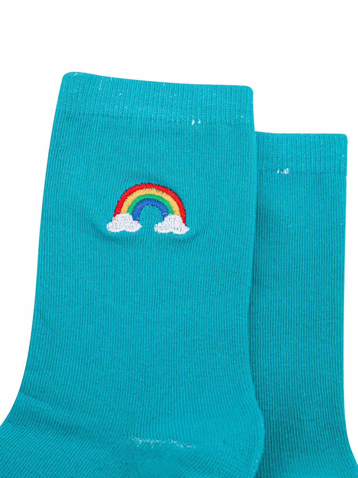 womens-embroidered-socks-turquoise-rainbow-close-up-multicoloured-striped-rainbow-white-clouds-stitched-design
