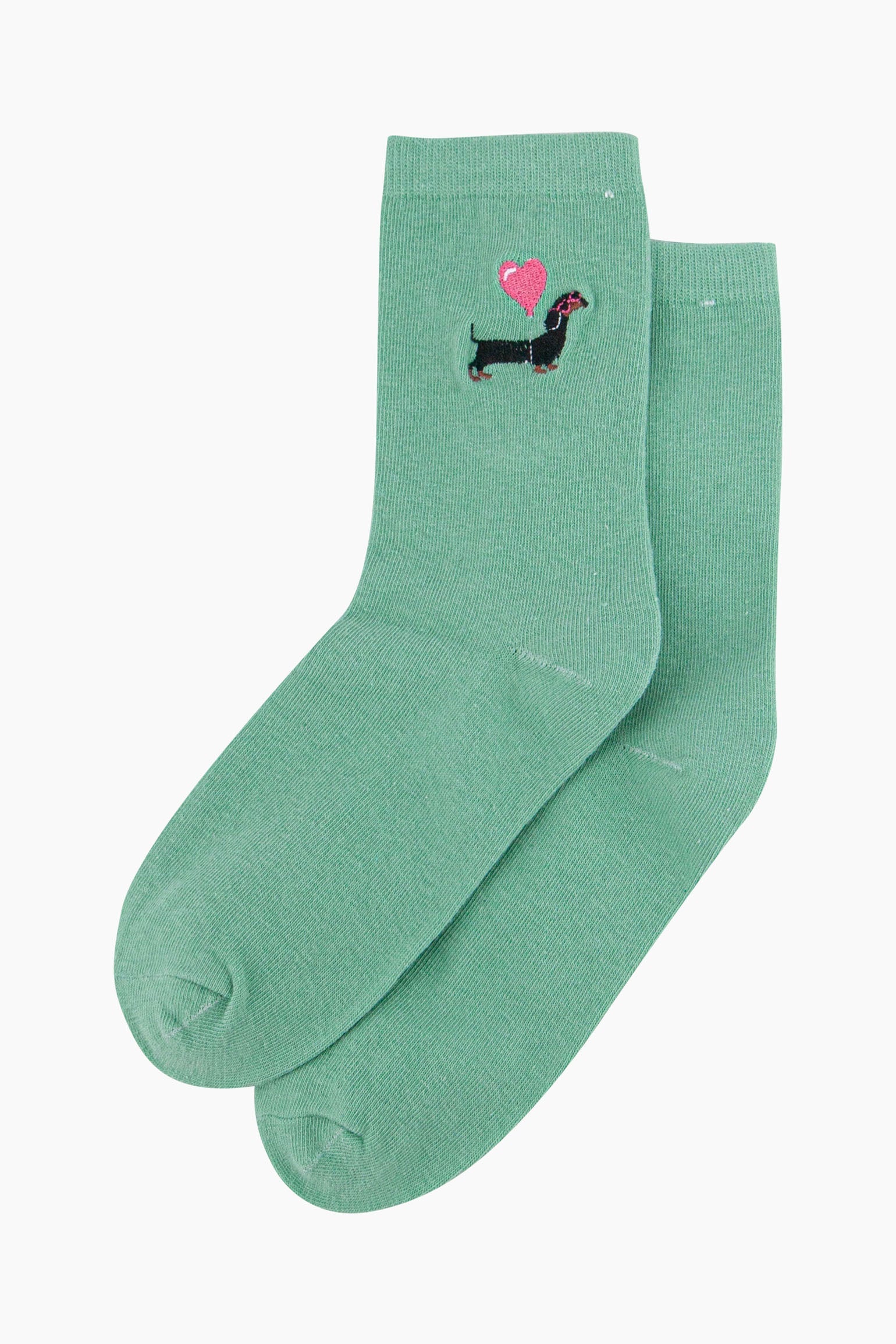 womens-embroidered-socks-mint-sausage-dog-heart-balloon-laying-flat