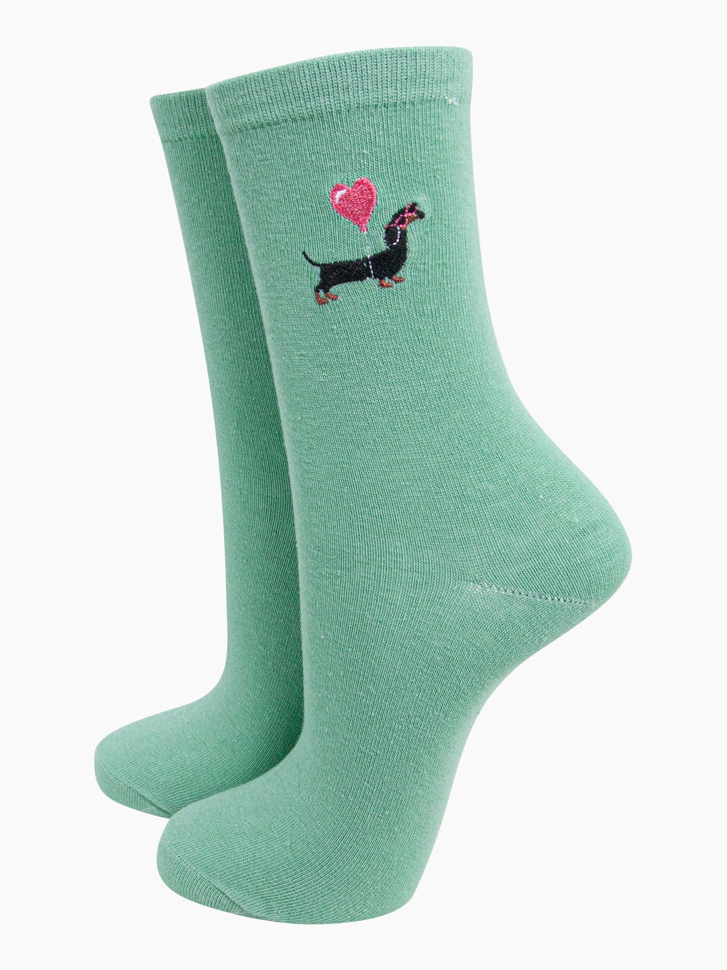 womens-embroidered-socks-mint-sausage-dog-heart-balloon-stitched-dachshund-on-the-ankle