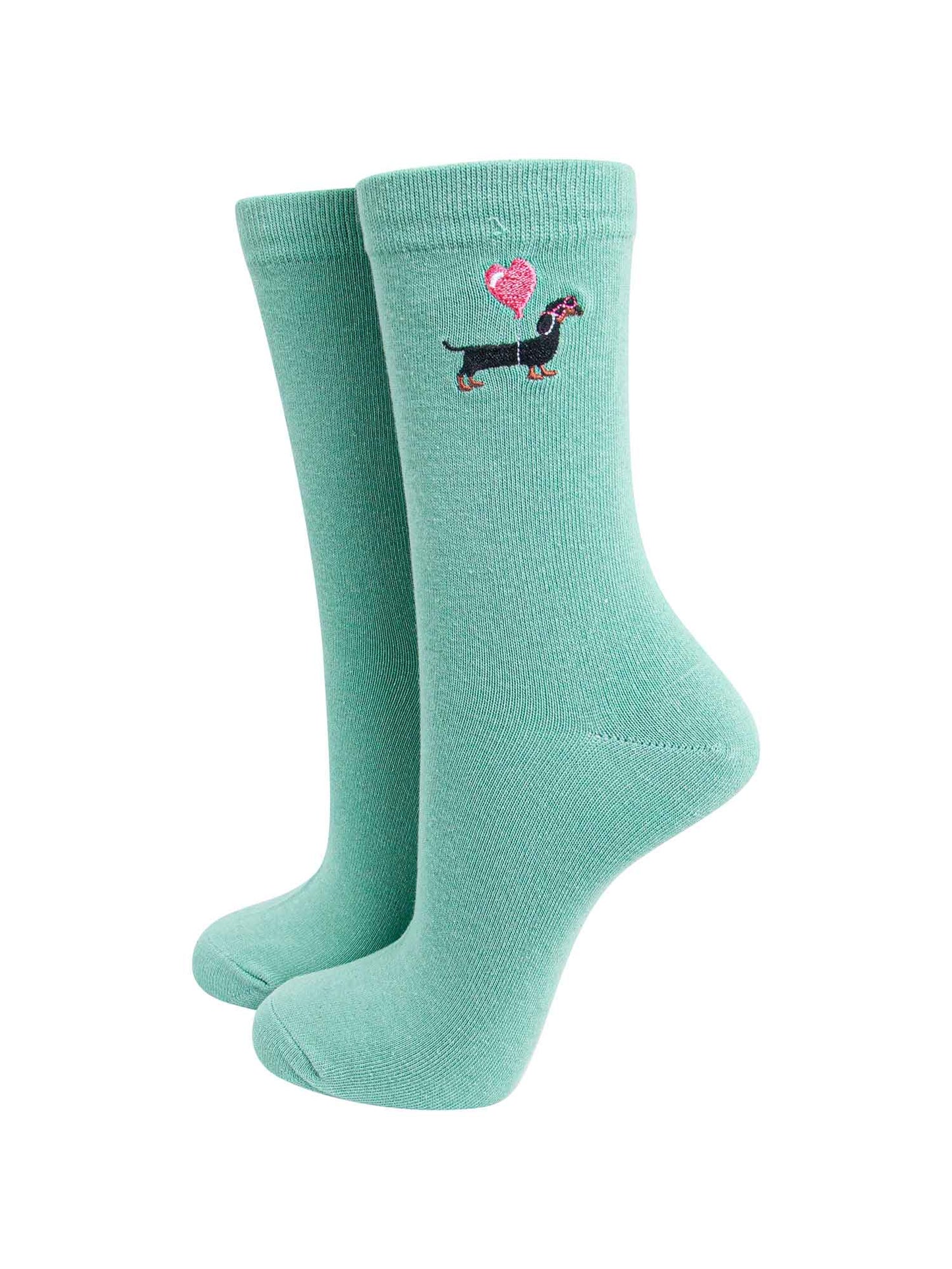 womens-embroidered-socks-mint-sausage-dog-heart-balloon-stitched-dachshund-on-the-ankle
