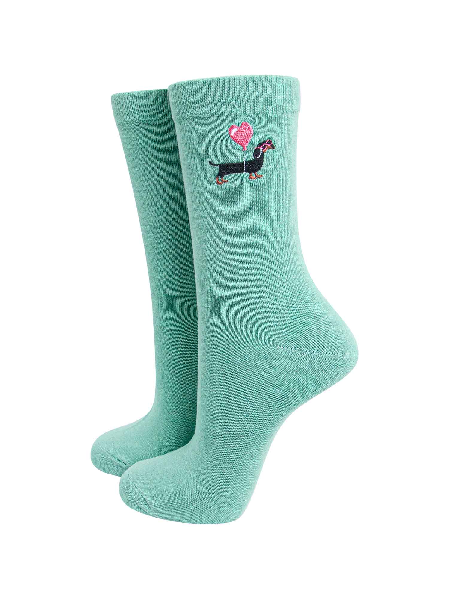 womens-embroidered-socks-mint-sausage-dog-heart-balloon-stitched-dachshund-on-the-ankle