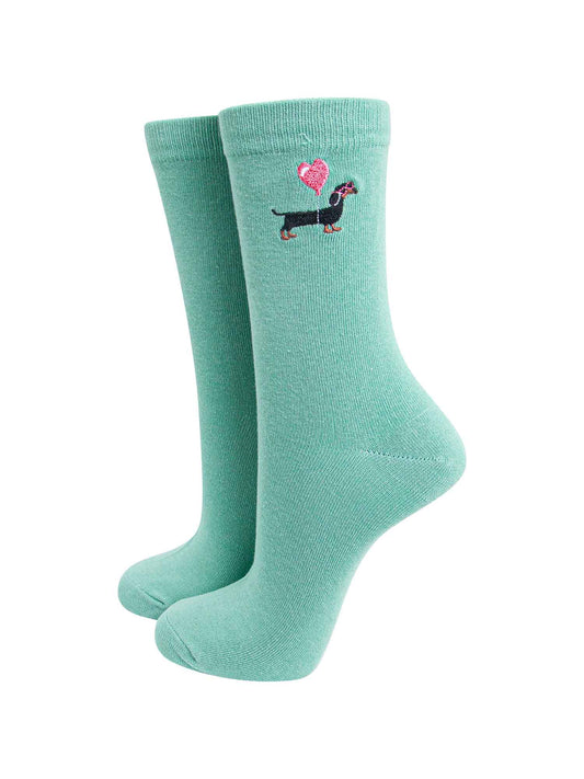 womens-embroidered-socks-mint-sausage-dog-heart-balloon-stitched-dachshund-on-the-ankle