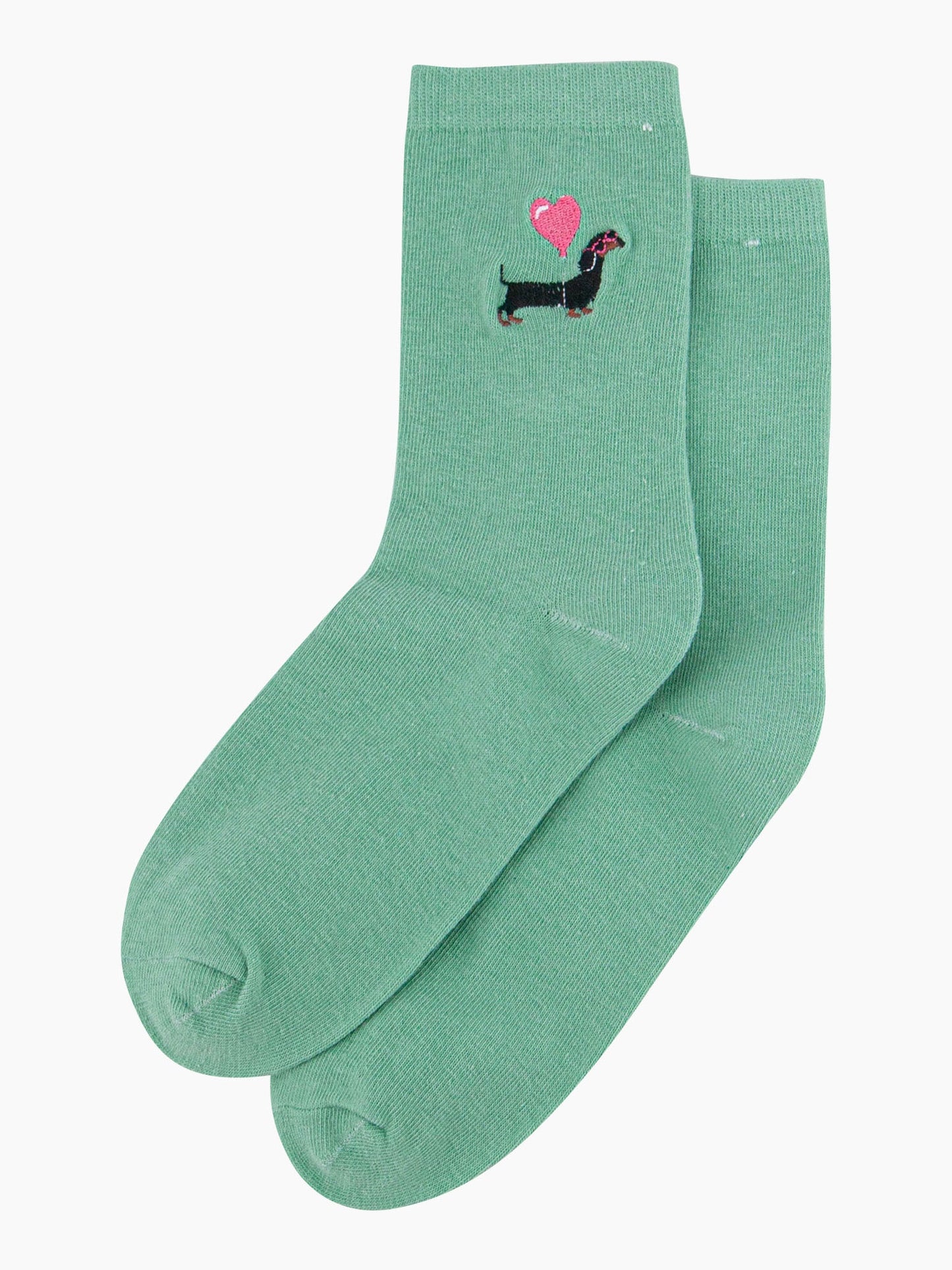 womens-embroidered-socks-mint-sausage-dog-heart-balloon-laying-flat