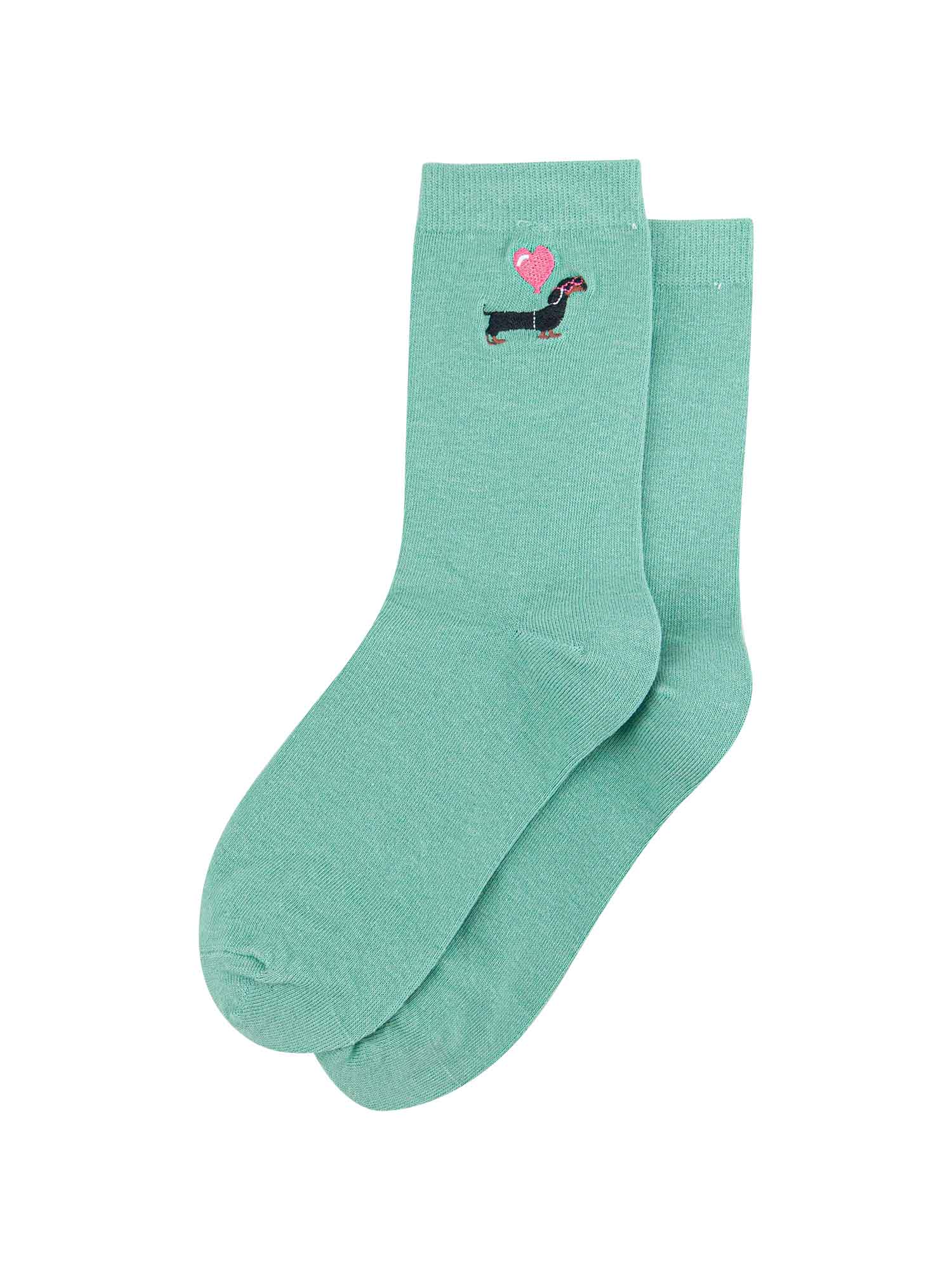 womens-embroidered-socks-mint-sausage-dog-heart-balloon-laying-flat