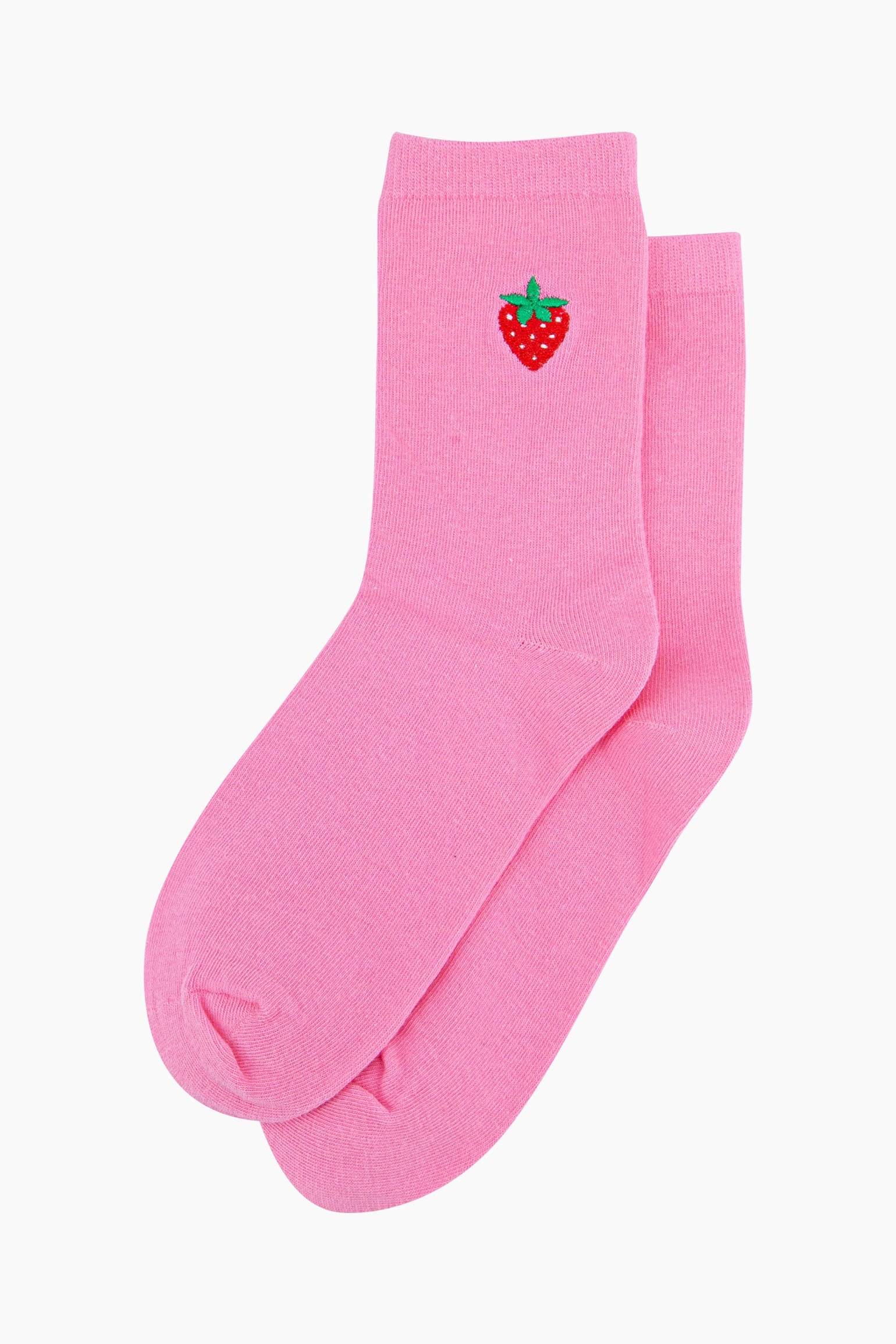 womens-embroidered-socks-pink-strawberry-laying-flat