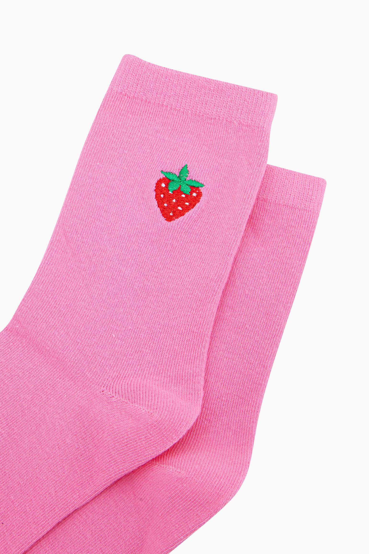 womens-embroidered-socks-pink-strawberry-close-up-strawberry-is-red-with-green-leaves-white-seeds