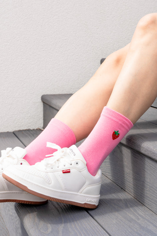 womens-embroidered-socks-pink-strawberry-with-white-trainers
