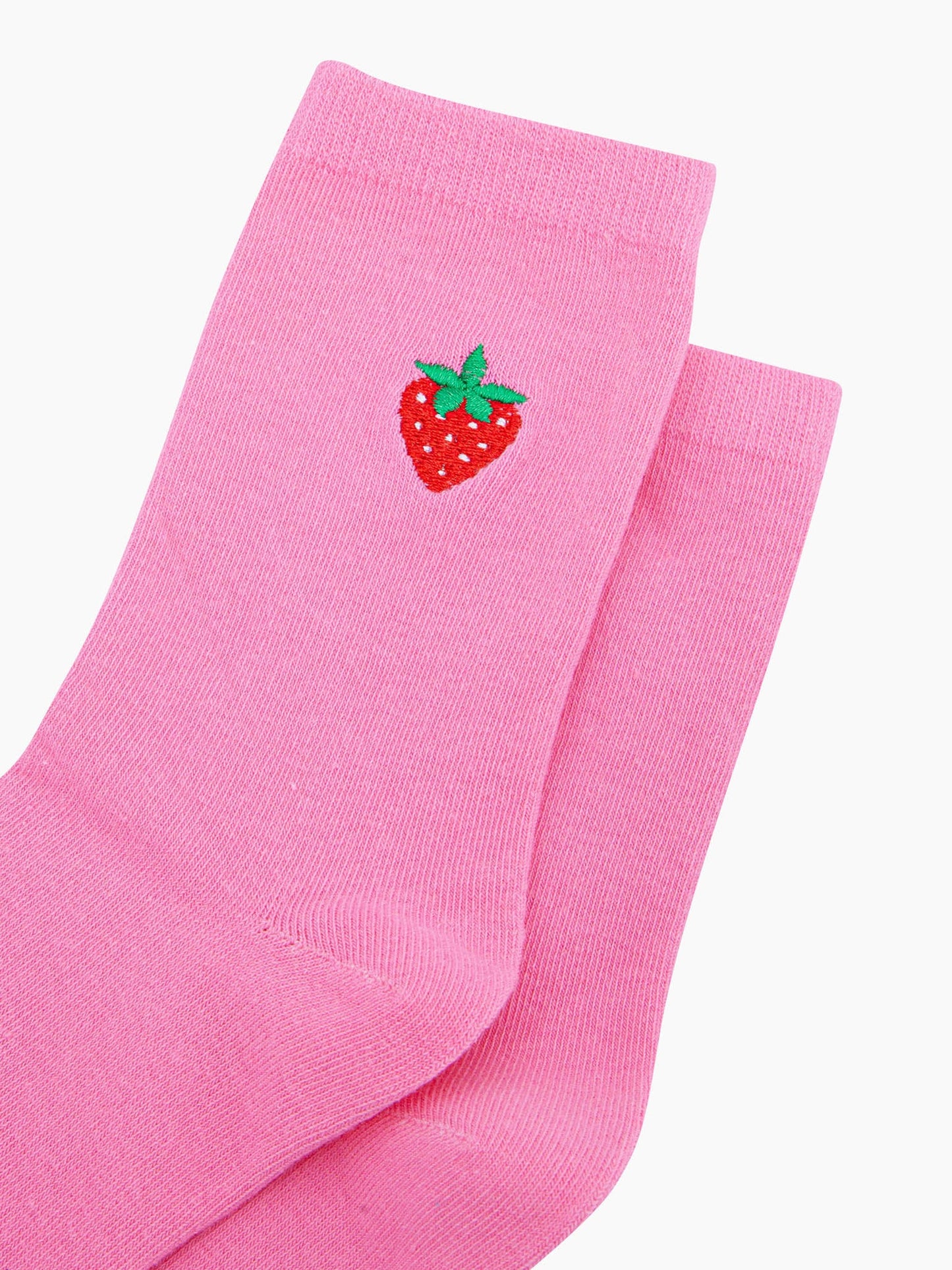 womens-embroidered-socks-pink-strawberry-close-up-strawberry-is-red-with-green-leaves-white-seeds