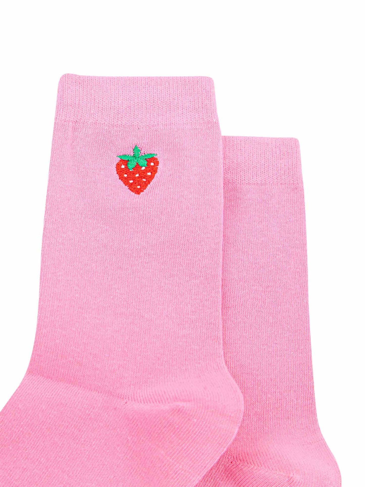 womens-embroidered-socks-pink-strawberry-close-up-strawberry-is-red-with-green-leaves-white-seeds