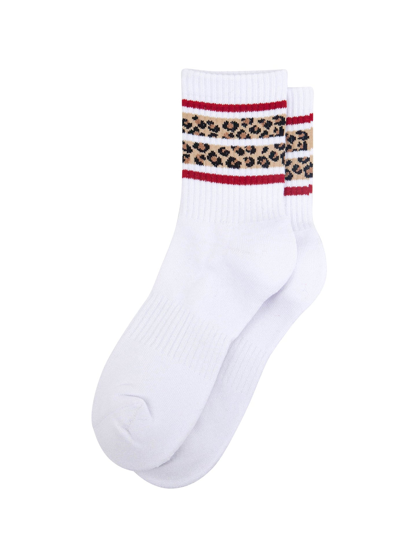Leopard-Print-Striped-Combed-Cotton-Sports-Socks-in-White-Lying-Flat