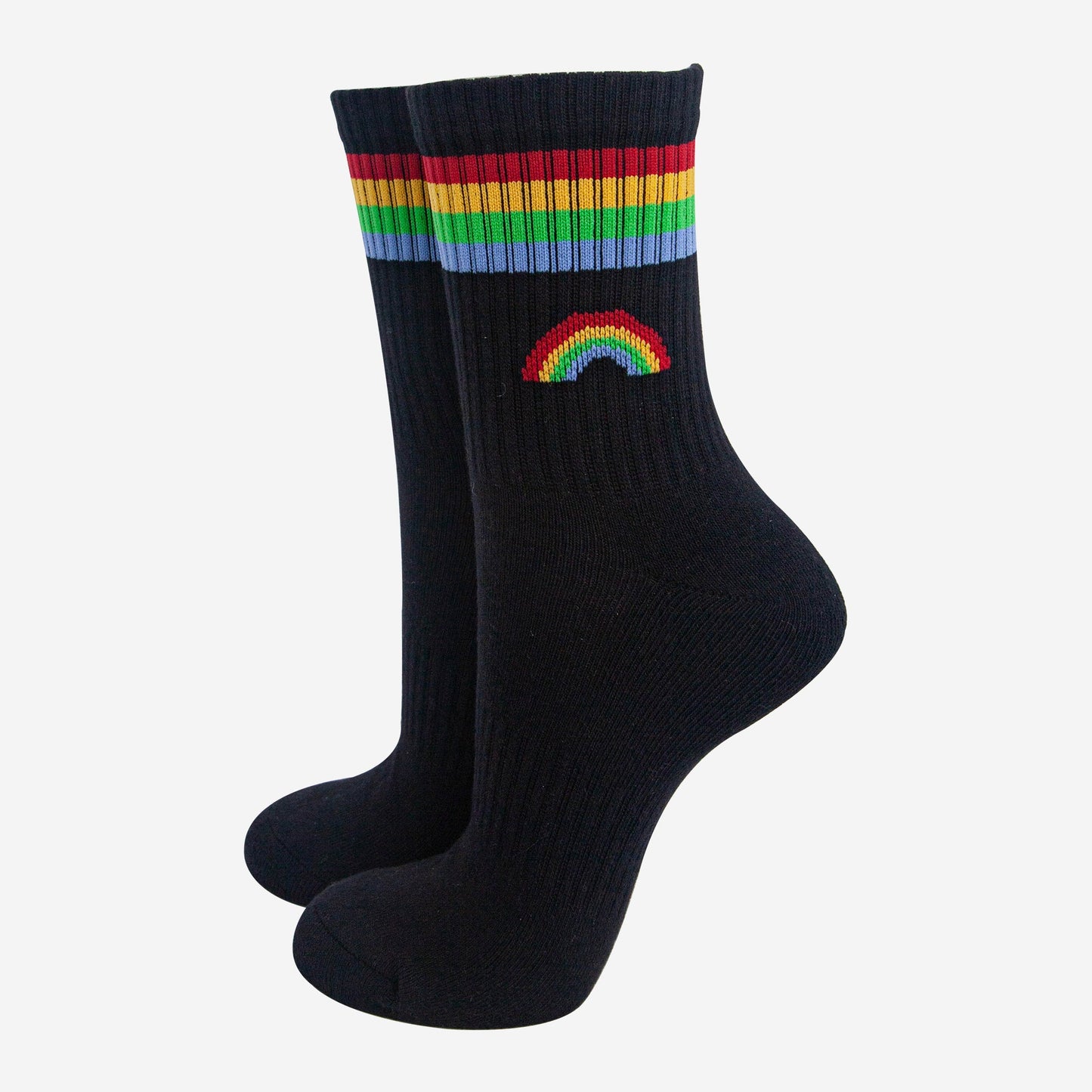 womens-sporty-socks-black-rainbow-colourful-stripes