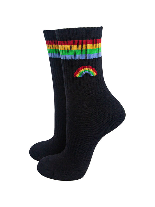 womens-sporty-socks-black-rainbow-colourful-stripes