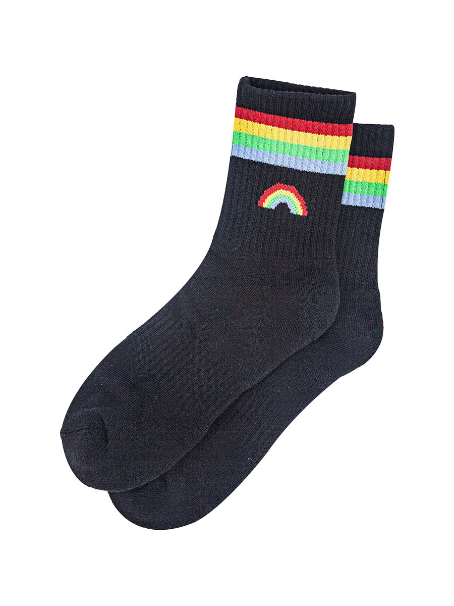 womens-sporty-socks-black-rainbow-laying-flat