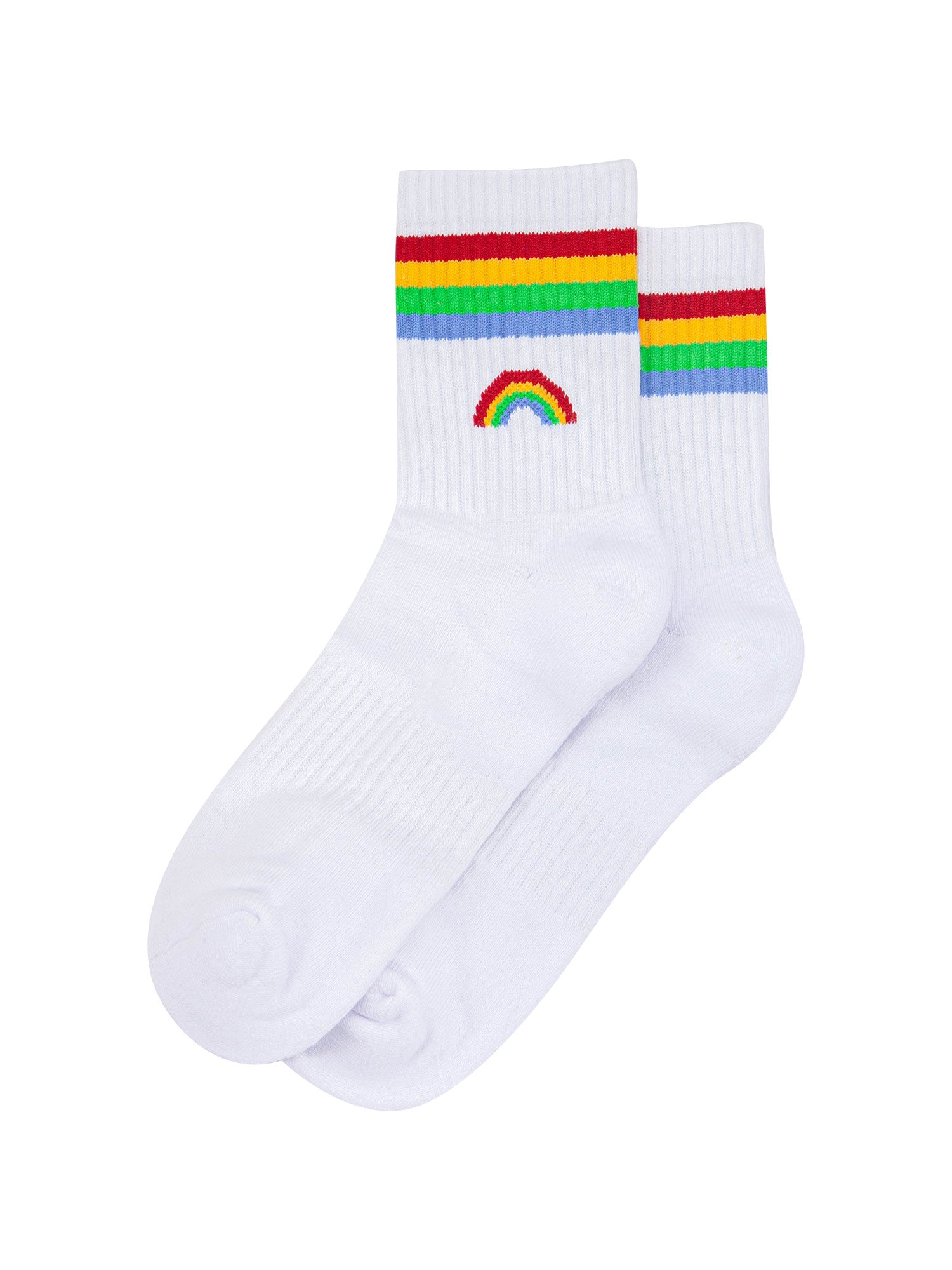 womens-sporty-socks-white-rainbow-laying-flat