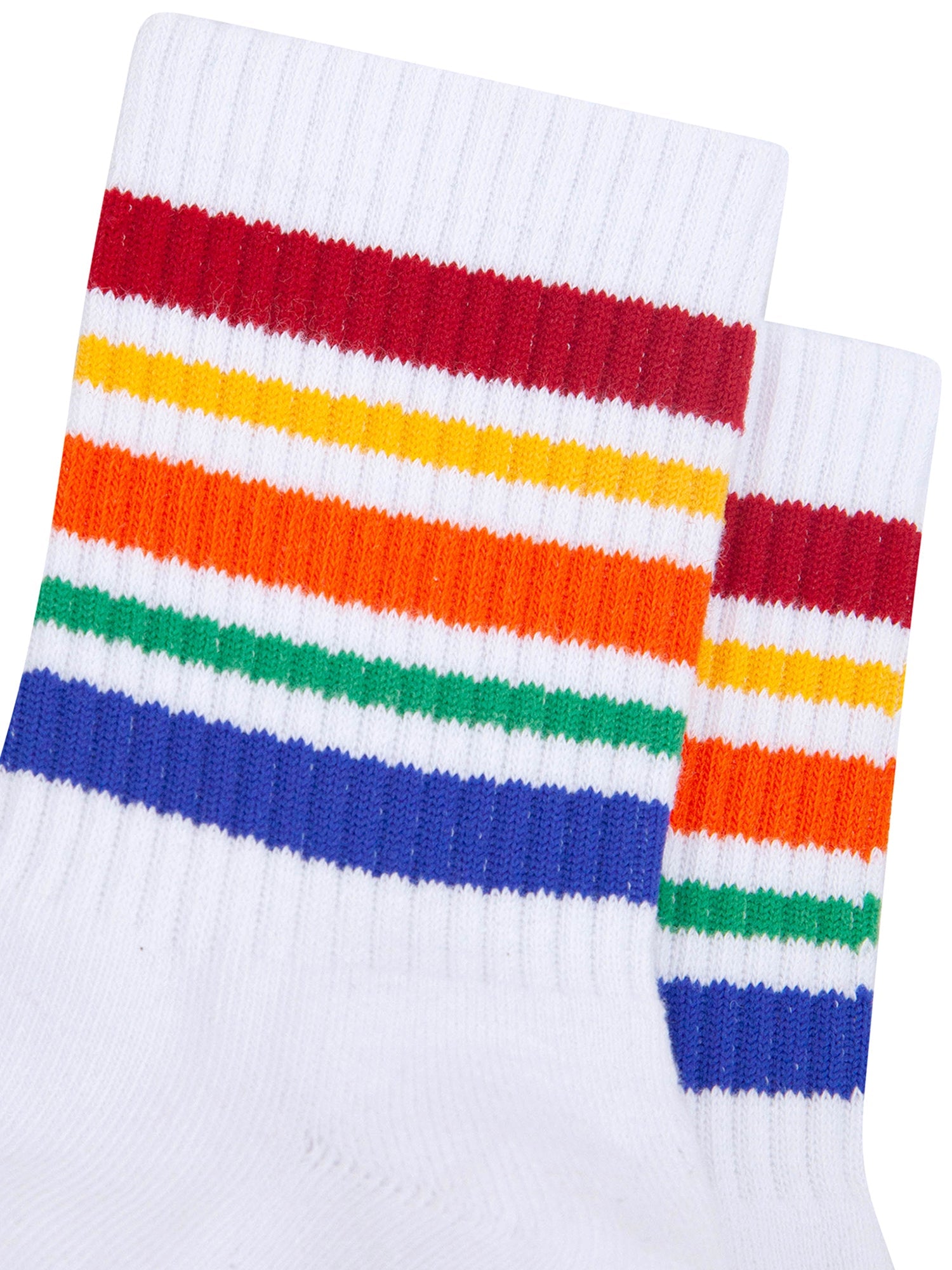 Rainbow-Striped-Combed-Cotton-Sports-Socks-in-White-Closeup