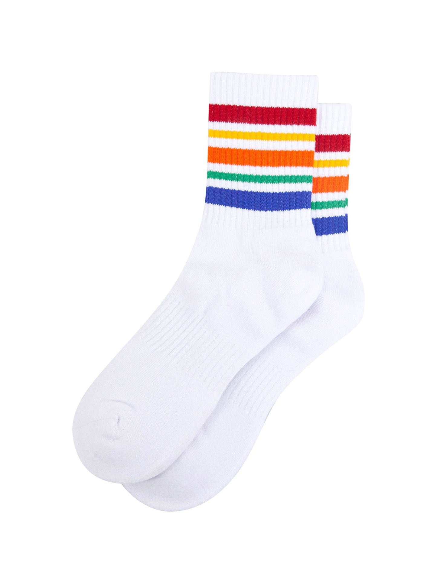 Rainbow-Striped-Combed-Cotton-Sports-Socks-in-White-Lying-Flat