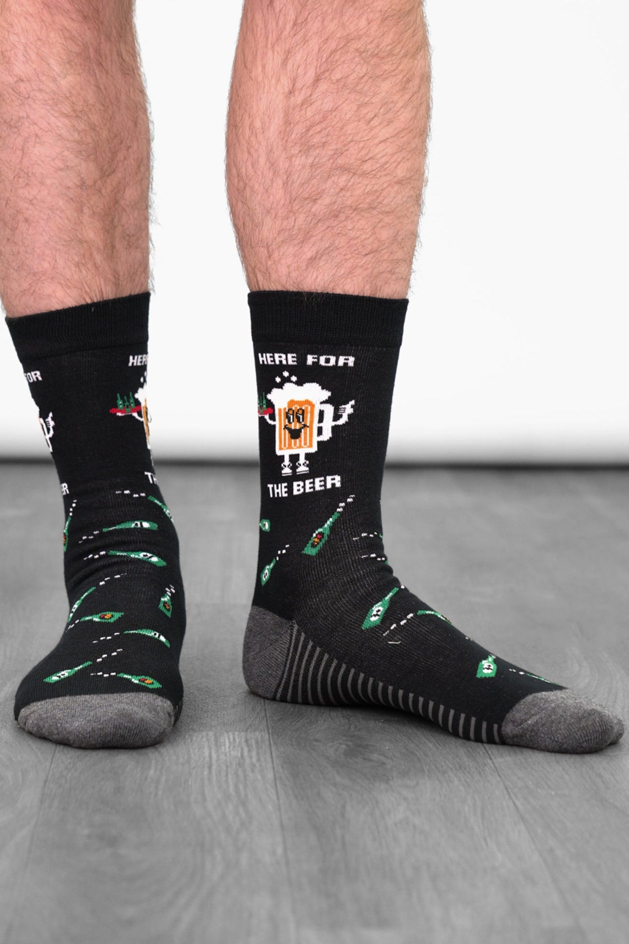 Men's Combed Cotton Crew Socks- Black, Here for the Beer
