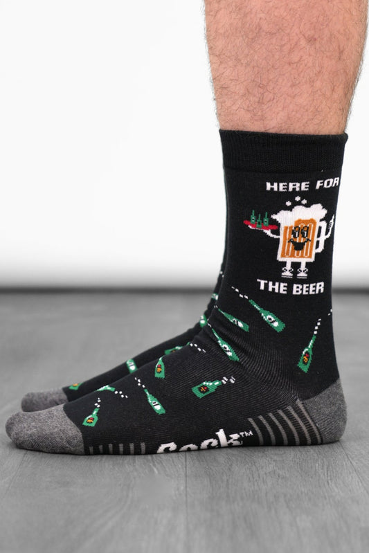 Men's Combed Cotton Crew Socks- Black, Here for the Beer