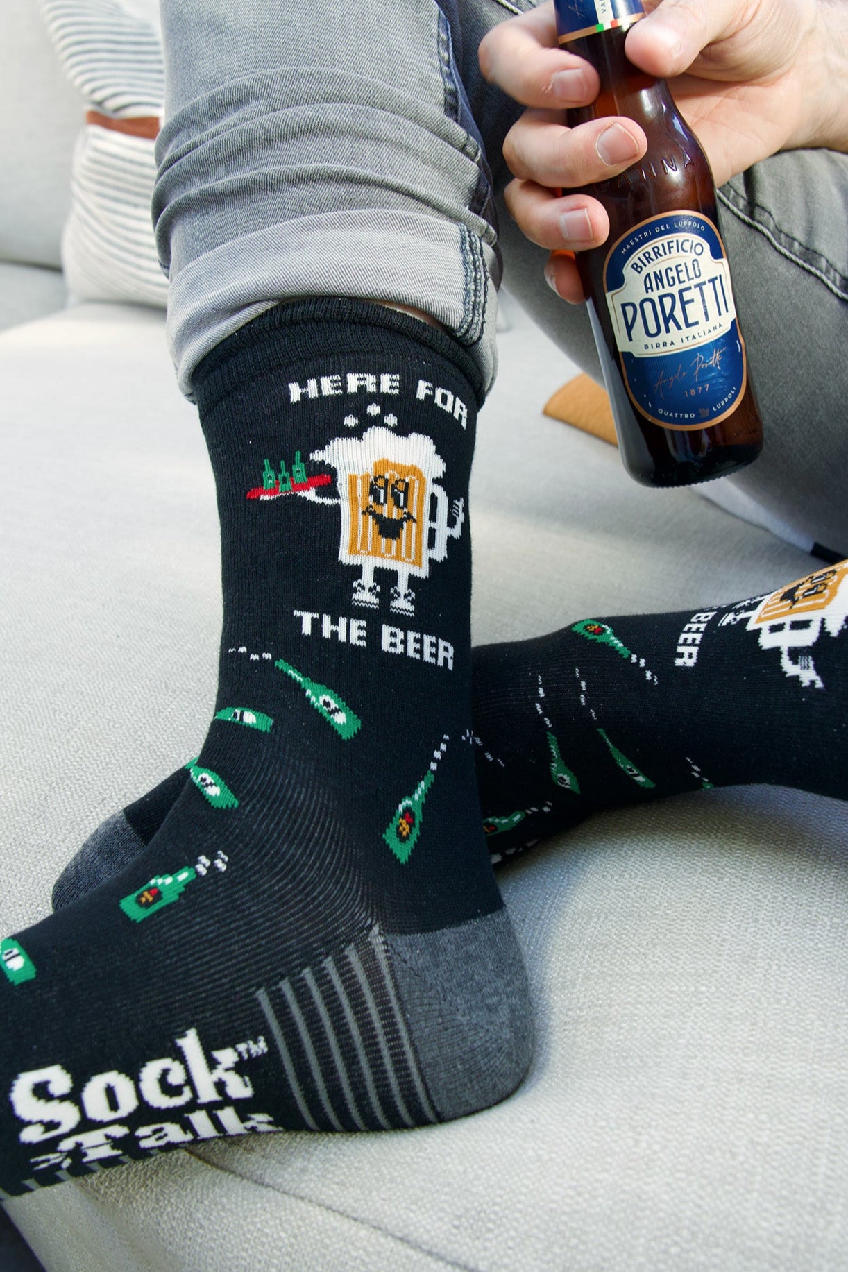 Men's Combed Cotton Crew Socks- Black, Here for the Beer