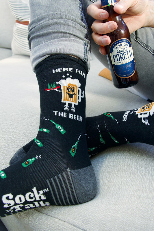 Men's Combed Cotton Crew Socks- Black, Here for the Beer
