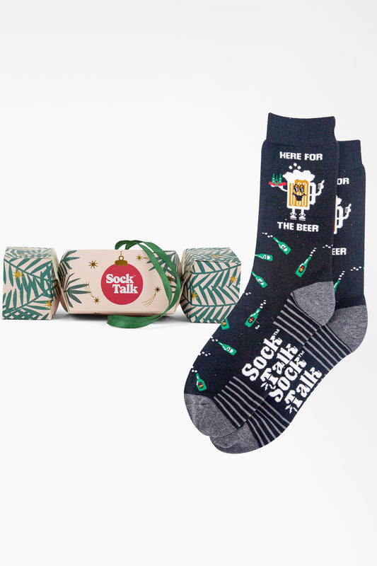 Men's Combed Cotton Crew Socks Christmas Cracker Gift Box - Black/Grey, Here For The Beer