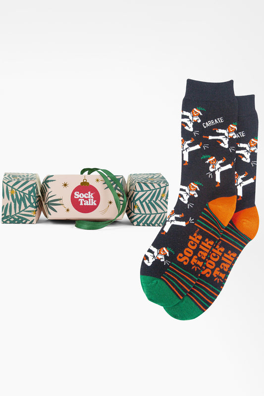 Men's Combed Cotton Crew Socks Christmas Cracker Gift Box - Black/Orange, Carrate