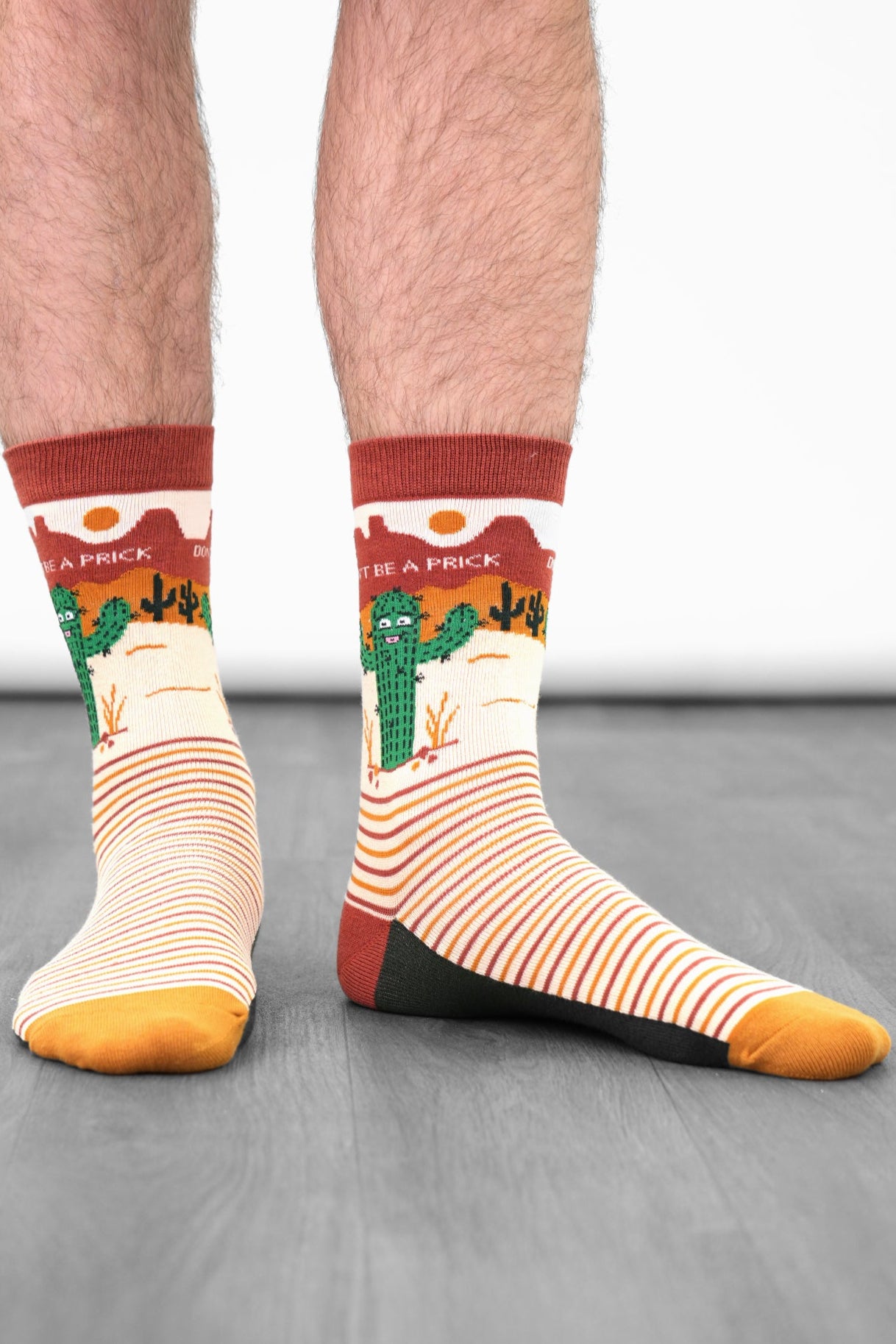 Men's Combed Cotton Crew Socks- Cream, Prickly Cactus