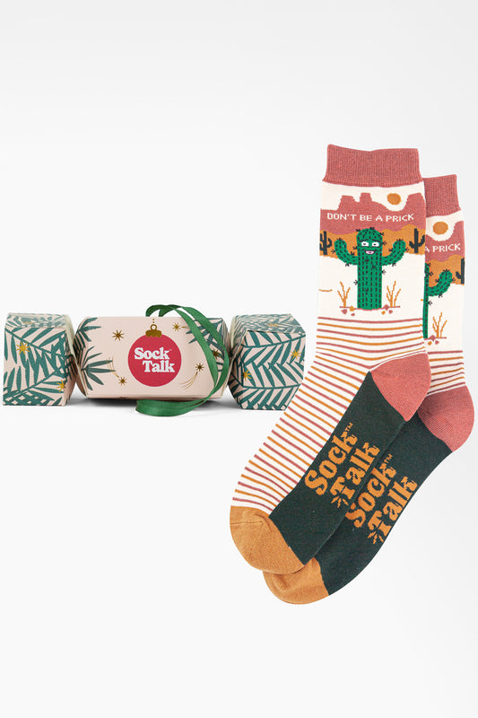 Men's Combed Cotton Crew Socks Christmas Cracker Gift Box - Cream/Brown, Prickly Cactus