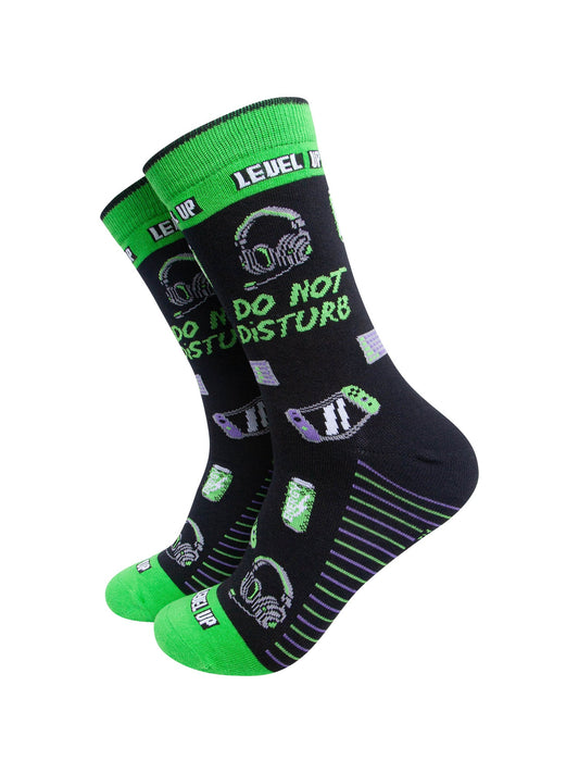 Do-Not-Disturb-Combed-Cotton-Socks-in-Black/Lime-Green-On-Mannequin